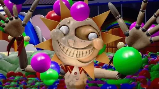 Five Nights at Freddy's: Security Breach screenshot of Sun in the Daycare ball pit, leaning toward the camera with colorful play-area balls flying up around him.
