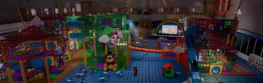 Five Nights at Freddy's: Security Breach wide screenshot of the Superstar Daycare, showing the full play structure layout with slides, netted climbing areas, and character signs.