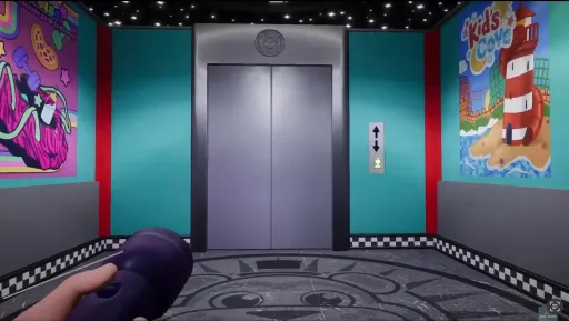 Five Nights at Freddy's: Security Breach first-person screenshot inside the Mega Pizzaplex elevator, with Gregory holding the flashlight between colorful posters and an elevator door.