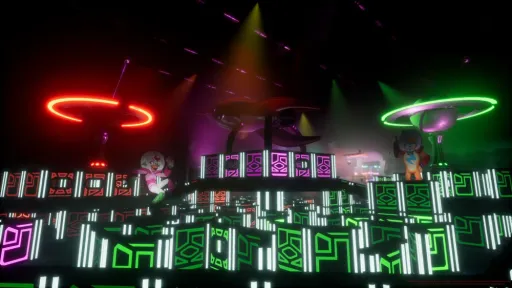 Five Nights at Freddy's: Security Breach exterior view of the Fazer Blast attraction, showing the futuristic neon arena entrance with glowing red, green, and purple lighting.