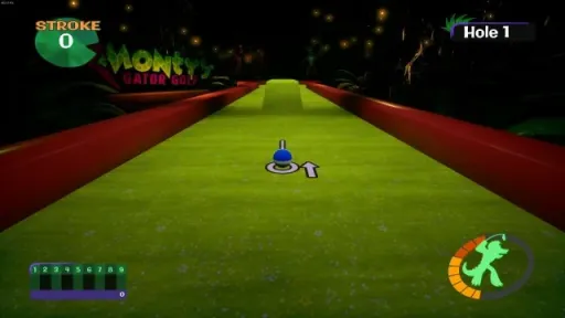 Five Nights at Freddy's: Security Breach gameplay in Monty Gator Golf, showing Hole 1 from the starting position with the golf ball lined up on a green mini-golf fairway.