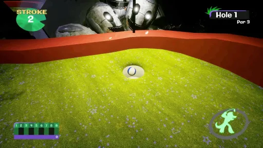 Five Nights at Freddy's: Security Breach screenshot of Monty Gator Golf, showing the ball near the cup on Hole 1 with Par 3 UI and oversized themed scenery behind the course.