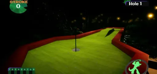 Five Nights at Freddy's: Security Breach screenshot of Monty Gator Golf Hole 1, showing a top-down view of the glowing mini-golf green, flag, and ramp obstacle.