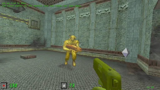 Green Nation first-person gameplay showing a yellow plastic army man enemy firing in a stone industrial arena while the green plastic army man player aims a green plastic pistol.