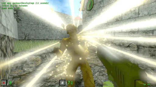 Green Nation close-quarters combat showing a yellow plastic army man enemy hit by a bright weapon burst in a stone courtyard.