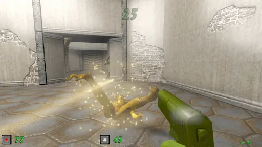 Green Nation gameplay showing a defeated yellow plastic army man ragdolling backward with glowing particle effects in a clean white industrial area.