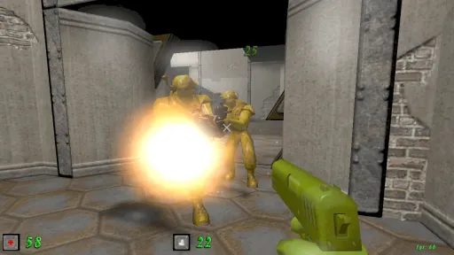 Green Nation first-person combat showing a yellow plastic army man enemy firing a bright projectile at close range inside a white concrete arena.