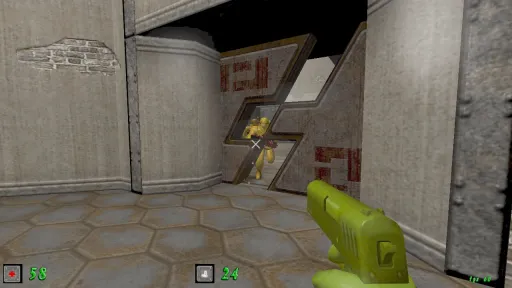 Green Nation gameplay showing a yellow plastic army man enemy retreating through a patterned doorway in a white industrial map.