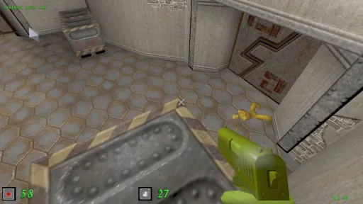 Green Nation first-person view from above, showing a defeated yellow plastic army man body on the floor near a white industrial doorway.