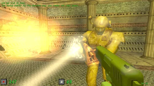 Green Nation close-range firefight showing a yellow plastic army man enemy hit by bright weapon effects near stone columns and industrial walls.
