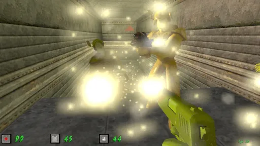 Green Nation first-person hallway combat showing yellow plastic army men attacking through bright glowing impacts in a narrow industrial corridor.