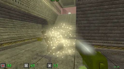 Green Nation gameplay showing a defeated yellow plastic army man ragdoll surrounded by bright particle effects near a stairwell in an industrial corridor.