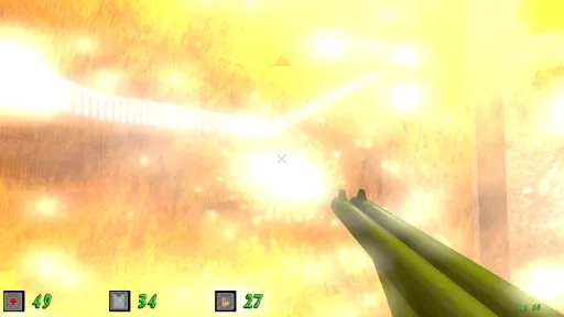 Green Nation first-person plastic shotgun combat completely engulfed by a bright orange-yellow explosion in a tight industrial space.