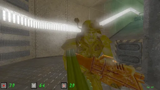 Green Nation close-quarters first-person combat showing a yellow plastic army man enemy with a heavy plastic weapon charging near metal crates and bright wall lighting.
