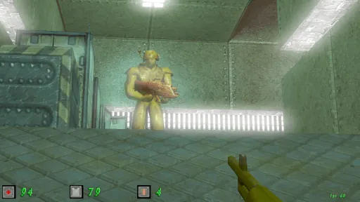 Green Nation first-person shotgun gameplay showing a yellow plastic army man enemy standing on an elevated ledge inside a green-lit metal industrial room.