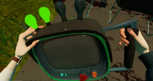 Hello Neighbor 2 first-person screenshot showing the player holding the Hello-copter controller, with the drone's antenna bulbs and screen visible above a messy indoor area.