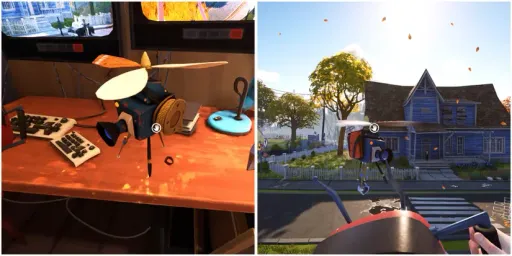Hello Neighbor 2 split screenshot showing the Hello-copter drone on a desk and then flying outside over Raven Brooks near the player's controller view.