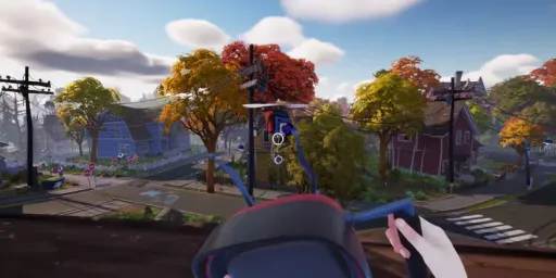 Hello Neighbor 2 gameplay screenshot showing the Hello-copter drone flying above the neighborhood, with houses, trees, power lines, and the player's controller visible in first person.