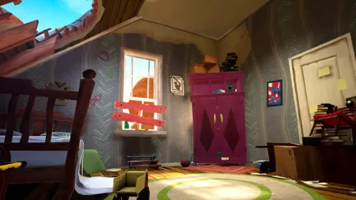 Hello Neighbor VR: Search and Rescue screenshot of a child's bedroom inside the Neighbor's house, showing a boarded-up window, purple wardrobe, scattered toys, and stylized puzzle-room decor.