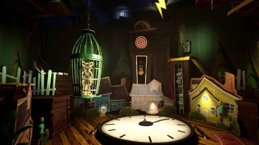 Hello Neighbor VR: Search and Rescue screenshot of a clock-themed puzzle room, featuring a giant floor clock, cardboard house cutouts, a hanging cage, target board, ladders, and theatrical miniature neighborhood props.