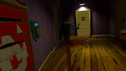 Hello Neighbor VR: Search and Rescue VR gameplay showing the player holding a crowbar in a hallway with keypad locks, boarded panels, and puzzle doors.