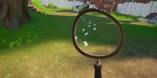 Hello Neighbor VR: Search and Rescue screenshot showing the magnifying glass revealing a trail of hidden footprints across the kid's backyard.