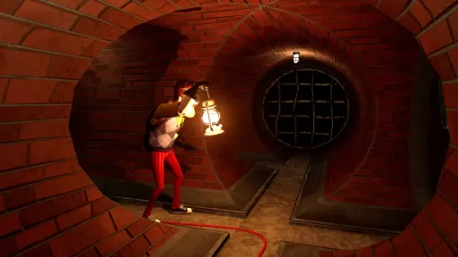 Hello Neighbor VR: Search and Rescue screenshot showing the Neighbor exploring a brick sewer tunnel with a lantern, circular pipe openings, and barred passages.
