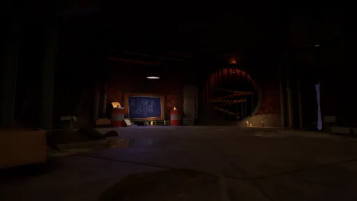Hello Neighbor VR: Search and Rescue environment screenshot of a dark sewer hideout with pipes, candles, barrels, a blueprint board, and a blocked tunnel entrance.