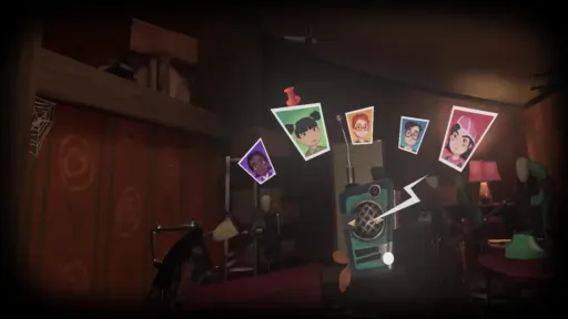 Hello Neighbor VR: Search and Rescue screenshot showing the walkie-talkie UI with multiple kid portraits, used to switch between playable rescue team members.