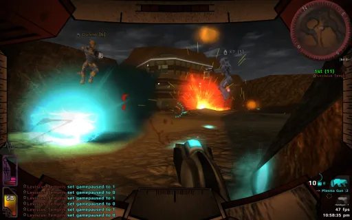 Iron Fist gameplay on Deserted, showing the Plasma Gun in first-person with a blue energy blast and explosion lighting up the battlefield.