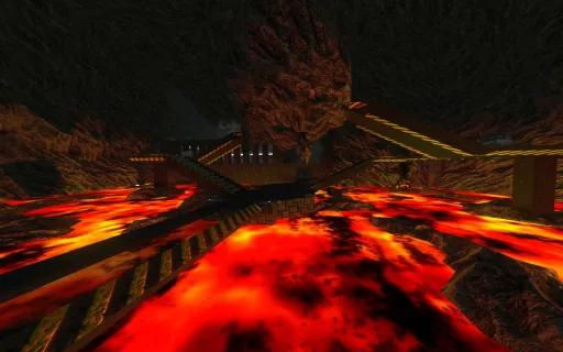Iron Fist map Coila, featuring the center lava pit surrounded by bridges, rocky cavern walls, and industrial arena structures.