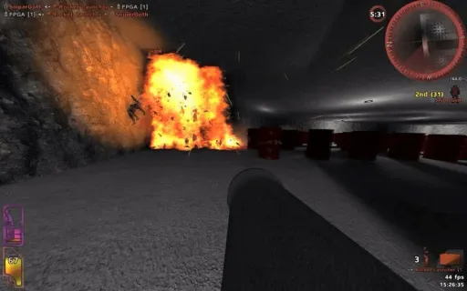 Iron Fist gameplay showing a large explosion on a fan-made map by SniperGoth, viewed from a first-person rocket launcher perspective.