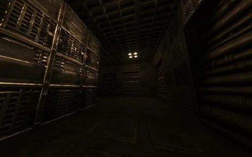 Iron Fist environment screenshot of an industrial hallway from the unincluded SkyShip map, with dark metal panels, vents, and sci-fi lighting.