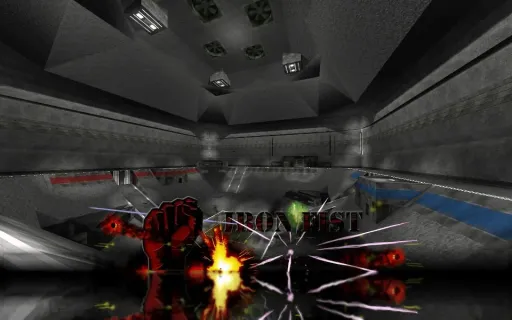 Iron Fist poster-style screenshot of Destruction Box, showing the Iron Fist logo over a reflective futuristic arena.