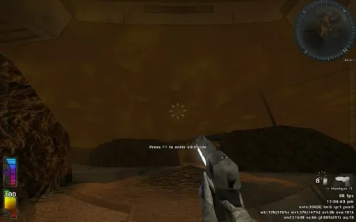 Iron Fist gameplay on Deserted, showing a first-person pistol view during a dust storm in the desert arena.