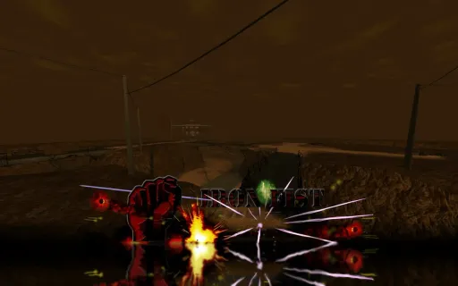 Iron Fist poster-style screenshot of Deserted, showing the Iron Fist logo over rocky desert hilltops, cables, fences, and a dusty brown sky.