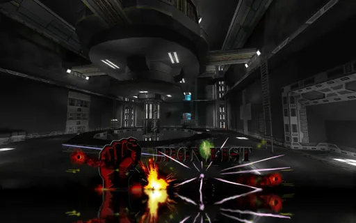 Iron Fist poster-style screenshot on Home Base, showing the Iron Fist logo over the central futuristic sci-fi arena interior.
