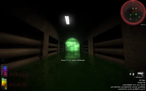 Iron Fist first-person view inside an unincluded sewer map by SniperGoth, showing a dark flooded corridor with pipes and green lighting ahead.