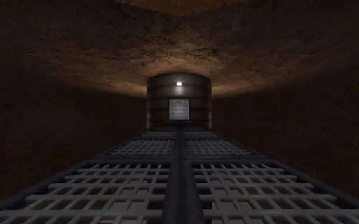 Iron Fist environment screenshot from an unincluded unknown SniperGoth map, showing a grated metal walkway leading toward a lit industrial door inside a rocky tunnel.