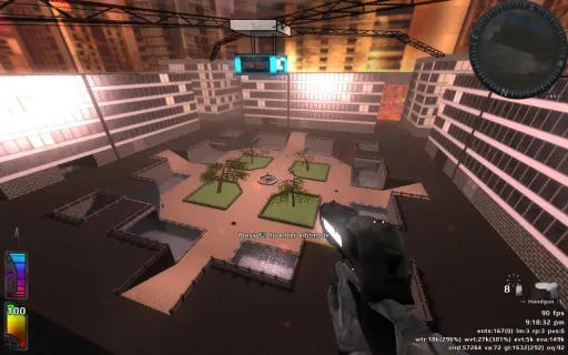 Iron Fist first-person view from an unincluded unknown SniperGoth map, showing a bright city arena courtyard with ramps, trees, surrounding buildings, and a handgun visible in edit mode.