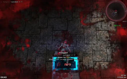 Iron Fist earlier-version gameplay on Home Base, showing the death effect with a ragdoll body on tiled floor, older textures, blood overlay, and respawn countdown UI.