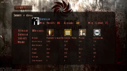 Revelade Revolution in-game playerclass menu showing the Defense class, with max health 80, armour 60, max speed 75, and the Rocket Launcher, Sniper Rifle, Pistol, and Chainsaw loadout.