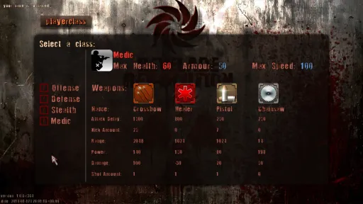 Revelade Revolution in-game playerclass menu showing the Medic class, with max health 60, armour 50, max speed 100, and the Crossbow, Healer, Pistol, and Chainsaw loadout.