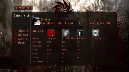 Revelade Revolution in-game playerclass menu showing the Offense class, with max health 90, armour 50, max speed 80, and the Slugshot, Assault Rifle, Grenadier, and Chainsaw loadout.