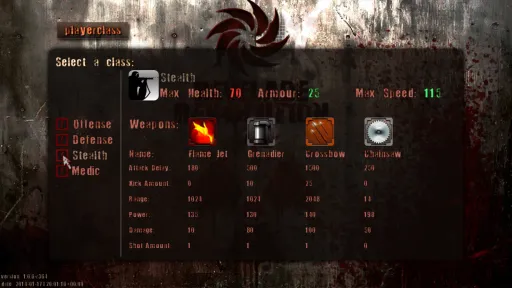 Revelade Revolution in-game playerclass menu showing the Stealth class, with max health 70, armour 25, max speed 115, and the Flame Jet, Grenadier, Crossbow, and Chainsaw loadout.