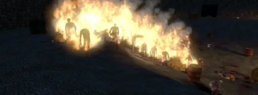 Revelade Revolution cinematic action screenshot showing zombies in fire during swarm survival gameplay.