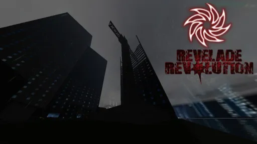 Revelade Revolution promotional logo image with the game mark over a dark city skyline.