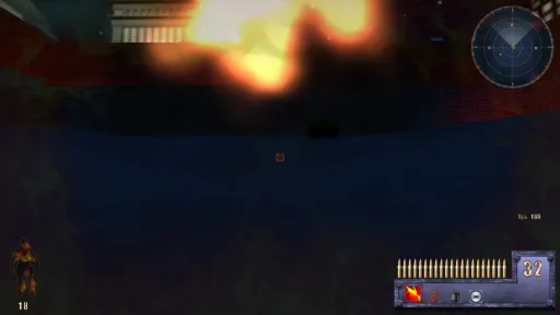 Revelade Revolution first-person screenshot while the player appears to be on fire, with flame overlay on the body silhouette and screen.