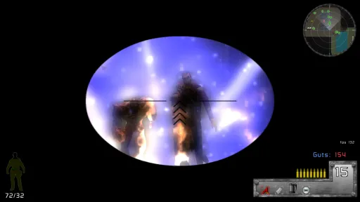 Revelade Revolution scoped-view combat screenshot aiming at zombies through a circular sniper scope overlay.