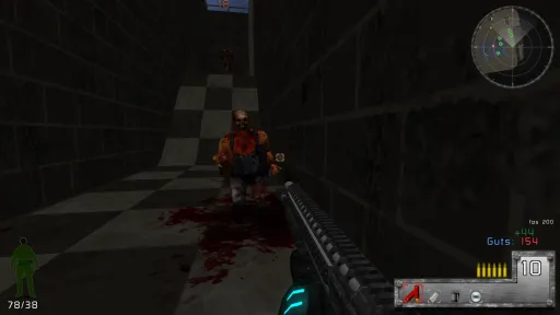Revelade Revolution first-person survival combat screenshot showing a zombie ahead, blood on the floor, minimap, ammo, Guts counter, and player health and armor.